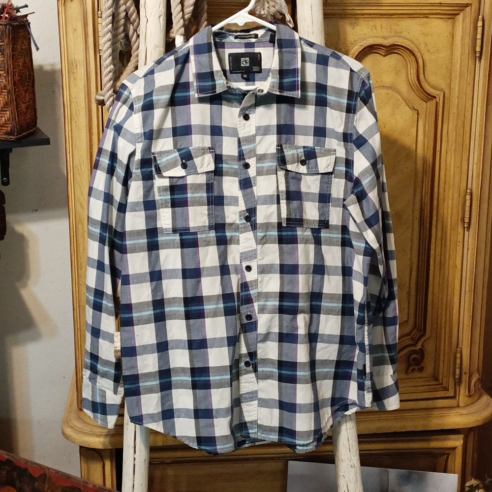 Mens checkered plaid button up collared shirt long sleeve OCEAN CURRENT Med blue